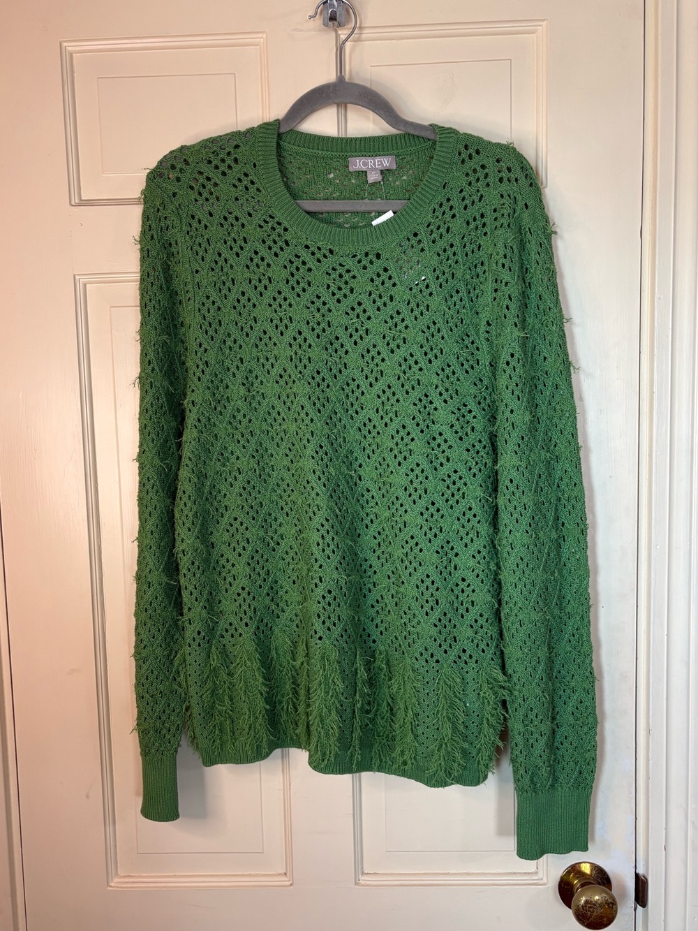 J.Crew Pointelle Crewneck Sweater With Fringe Green 2XL New Cotton Lightweight